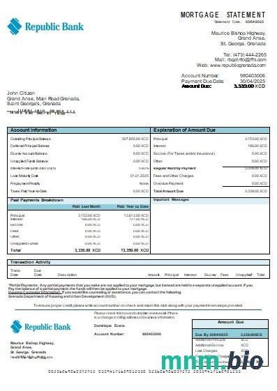 Grenada Bank Republic wyciąg z kredytu hipotecznego szablon Word i PDF